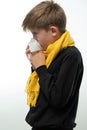 A child blows his nose into a napkin, children's seasonal diseases, a boy wrapped in a scarf. Royalty Free Stock Photo