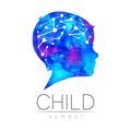 Child blue logotype. Silhouette profile human head with brain. Concept logo for people, children, autism, kids, therapy