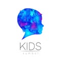 Child blue logotype. Silhouette profile human head. Concept logo for people, children, autism, kids, therapy, clinic