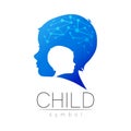 Child blue logotype in vector with brain. Silhouette profile human head. Concept logo for people, children, autism, kids Royalty Free Stock Photo