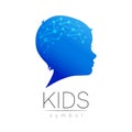 Child blue logotype in vector with brain. Silhouette profile human head. Concept logo for people, children, autism, kids Royalty Free Stock Photo