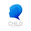 Child blue logotype in vector. Silhouette profile human head. Concept logo for people, children, autism, kids, therapy Royalty Free Stock Photo