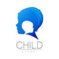 Child blue logotype in vector. Silhouette profile human head. Concept logo for people, children, autism, kids, therapy Royalty Free Stock Photo