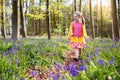 Child with bluebell flowers in spring forest