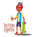 Child Boy With Action Camera Vector. Afro American Teenager. Red Helmet. Shooting Process. Active Type Of Rest. Isolated