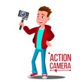Child Boy With Action Camera Vector. Self Video, Portrait. Shooting Process. Isolated Cartoon Illustration Royalty Free Stock Photo