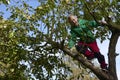 Child Boy on Apple Tree climbing. Royalty Free Stock Photo