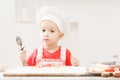 Child boy in aprons and chef`s hats cutting a pizza.