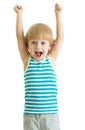 Child boy with arms up looking happy