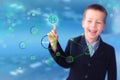 Child, boy, in a black business suit, businessman shows on a modern technological display the icon dna formula, concept medicine, Royalty Free Stock Photo