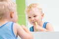 Child boy brushing teeth in bathroom Royalty Free Stock Photo