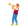 Child boy character learning playing trumpet, flat vector illustration isolated. Royalty Free Stock Photo