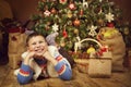 Child Boy Christmas Tree, Happy Kid, Dreaming Xmas Present Gift Royalty Free Stock Photo