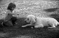 Child boy with dog outdoor. Kid playing with puppy. Children with pet friend. Carefree childhood. Royalty Free Stock Photo