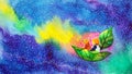 child boy and dog sailing journey in wonder universe on leaf sailboat abstract conscious mind mental health soul healing art