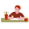 Child boy doing homework, writes in a notebook. Vector illustration in flat cartoon style. Isolated on a white background Royalty Free Stock Photo