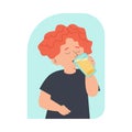 Child boy drinking orange juice from glass flat vector illustration isolated.