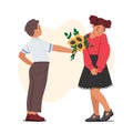 Child Boy Giving Flowers to Girl Friend. Little Kid Character Presenting Blossoms for Birthday Holiday Celebration