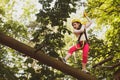 Child boy having fun at adventure park. Child climbing on high rope park. Happy little child climbing on a rope Royalty Free Stock Photo