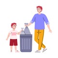 Child boy helps father to throw garbage, cartoon vector illustration isolated.