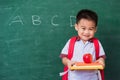 Child boy from kindergarten in student uniform with school bag holding red apple on books Royalty Free Stock Photo