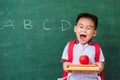 Child boy from kindergarten in student uniform with school bag holding red apple on books Royalty Free Stock Photo