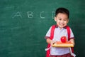 Child boy from kindergarten in student uniform with school bag holding red apple on books Royalty Free Stock Photo