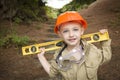 Child Boy with Level Playing Handyman Outside