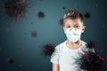 A child boy in a mask protects himself from virus particles flying in the air. Coronavirus, COVID-19, isolation, quarantine,