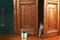 Child boy peeks out of the door with a christmas gift box Royalty Free Stock Photo