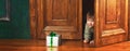 Child boy peeks out of the door with a christmas gift box Royalty Free Stock Photo