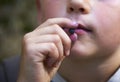 Child boy picking wild blueberries in a blueberry forest Royalty Free Stock Photo