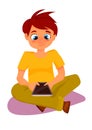 Child boy played in tablet, vector cartoon concept Royalty Free Stock Photo