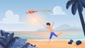 Child boy playing, running with kite in tropical nature, summer beach landscape activity Royalty Free Stock Photo