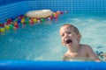 Child boy playing in small baby pool.baby swim and splash. Happy little boy playing with water toys on hot summer day. Family Royalty Free Stock Photo