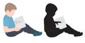 Child boy is reading book, colorful and silhouette, vector illustration Royalty Free Stock Photo