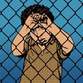 Child boy refugee migrants behind bars the prison