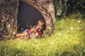 Child boy resting in camping tent in countryside summer camp concept childhood camping countryside lifestyle