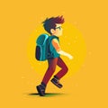Child boy with school backpack go back to school, yellow background. Success, motivation, winner, genius concept, vector