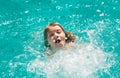 Child boy swim in swimming pool. Splash water. Little boy playing in outdoor swimming pool in water on summer vacation Royalty Free Stock Photo