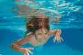 Child boy swim under water in sea. Kid swimming in pool underwater. Happy boy swims in sea underwater, active kid Royalty Free Stock Photo