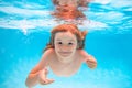 Child boy swim under water in sea. Kid swimming in pool underwater. Happy boy swims in sea underwater, active kid Royalty Free Stock Photo