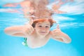 Child boy swim under water in sea. Kid swimming in pool underwater. Happy boy swims in sea underwater, active kid Royalty Free Stock Photo