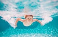 Child boy swim under water in sea. Kid swimming in pool underwater. Happy boy swims in sea underwater, active kid Royalty Free Stock Photo