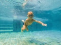 A child boy is swimming underwater in a pool, smiling and holding breath, with swimming glasses Royalty Free Stock Photo