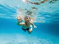 A child boy is swimming underwater in a pool, smiling and holding breath, with swimming glasses Royalty Free Stock Photo