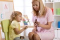 Child boy talking with psychologist Royalty Free Stock Photo