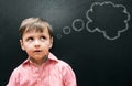 Child, boy and thinking with thought bubble on blackboard for creative idea, drawing and illustration in classroom Royalty Free Stock Photo