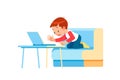 Child boy is using a laptop and study online with video call teacher at home. Homeschooling, distant learning. Kid Royalty Free Stock Photo