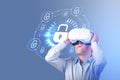 Child boy in vr glasses, cybersecurity hologram and online safety Royalty Free Stock Photo